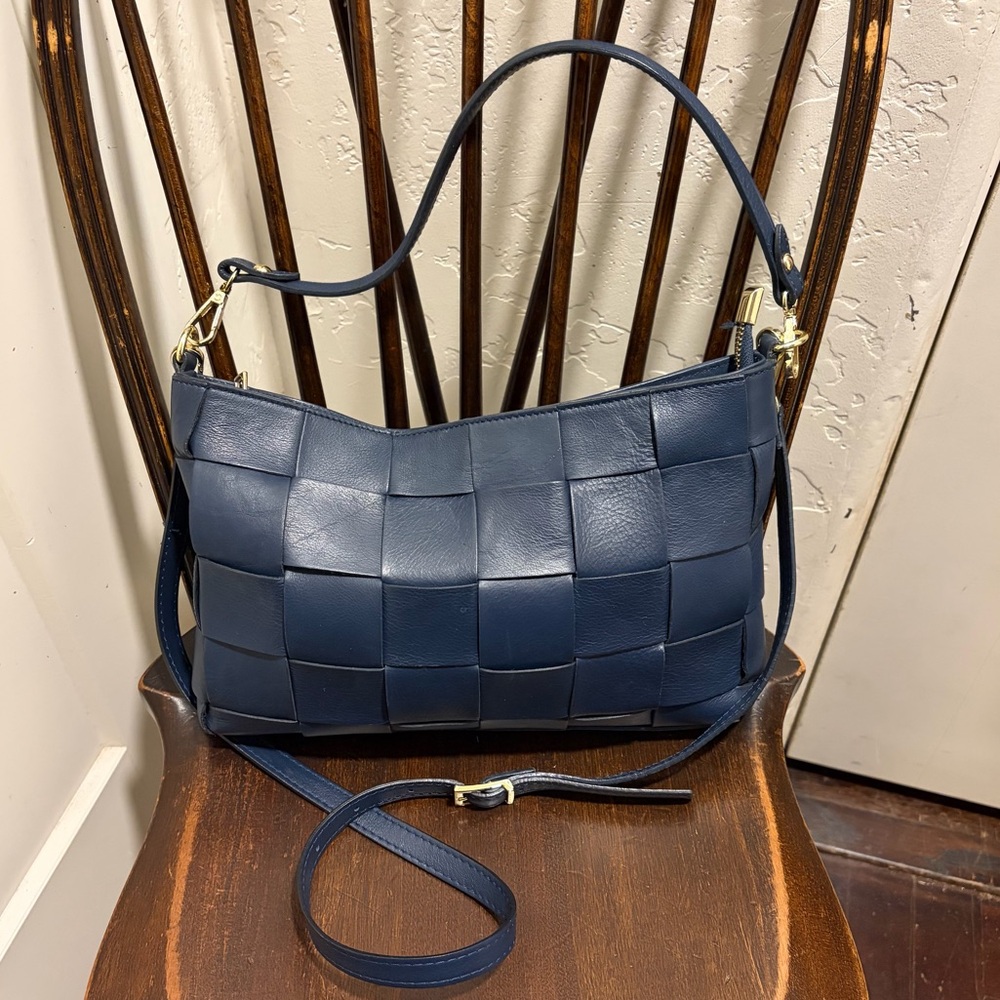 Anna Paola Navy Basket Weave Leather Shoulder Bag Handbag Made Italy